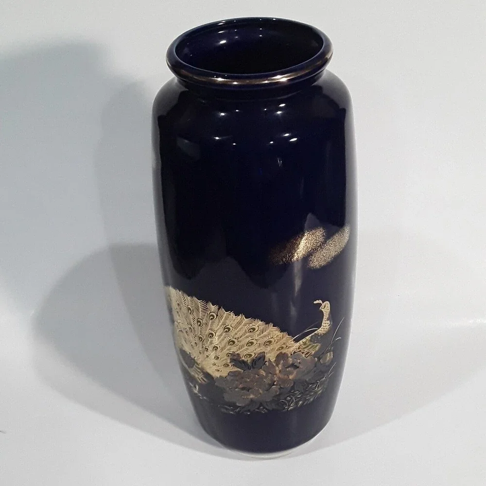 Vintage Blue Vase, Double Peacock, Gold trim. Japan 10 inches tall